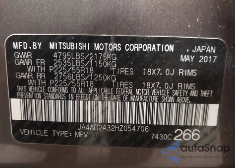 2017 Mitsubishi Outlander Es z USA, uszkodzony, nr VIN JA4AD2A32HZ054706